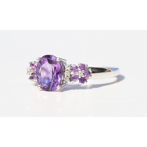 42 - Amethyst Set Ring with Further Amethyst and Diamond Set Daisy Clusters to Shoulders, Mounted in 9 Ca... 