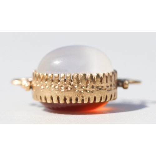 43 - Finely Detailed, Polished Carnelian and Moonstone Set Swivel Fob Pendant, Mounted in 9 Carat Yellow ... 