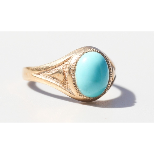 58 - Cabochon Turquoise Milgrain Bezel Set Single Stone Ring, Mounted in 9 Carat Yellow Gold, Ring Size R