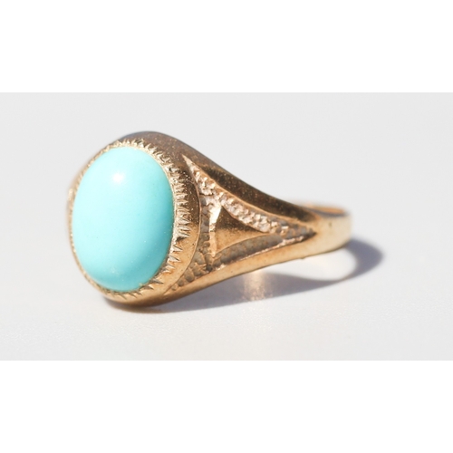 58 - Cabochon Turquoise Milgrain Bezel Set Single Stone Ring, Mounted in 9 Carat Yellow Gold, Ring Size R