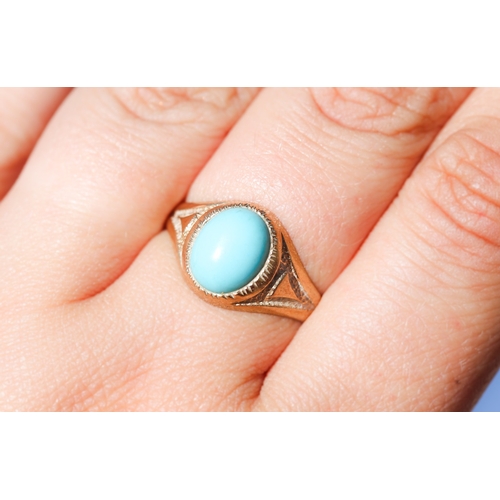 58 - Cabochon Turquoise Milgrain Bezel Set Single Stone Ring, Mounted in 9 Carat Yellow Gold, Ring Size R