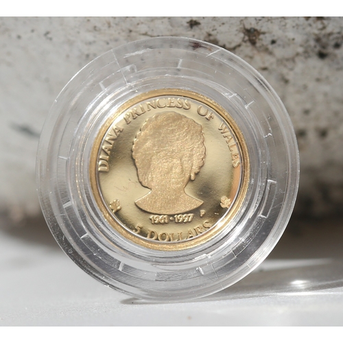 60 - Fine 999.9 Gold 5 Dollar Commemorative Proof Coin 'Diana Princess of Wales  1961-1997' Elizabeth II ... 