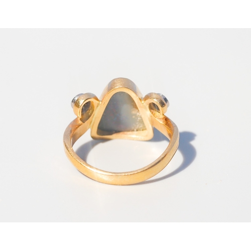 8 - Triangular Form Australian Opal Bezel Set Ring with Swirl Motif Diamond Set Shoulders, Mounted in 18... 