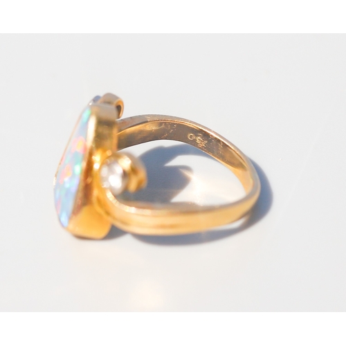 8 - Triangular Form Australian Opal Bezel Set Ring with Swirl Motif Diamond Set Shoulders, Mounted in 18... 