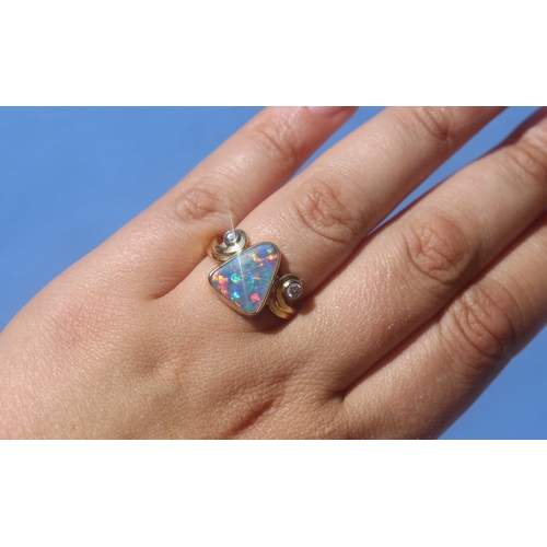 8 - Triangular Form Australian Opal Bezel Set Ring with Swirl Motif Diamond Set Shoulders, Mounted in 18... 