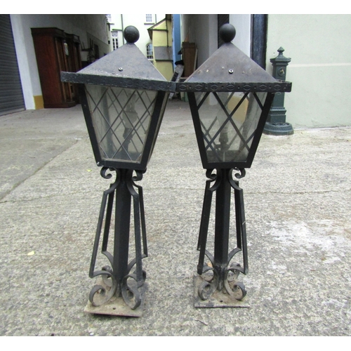Pair of Wrought Metal Pillar Lanterns Electrified Working Order with Scroll Form Pedestals Each Approximately 30 Inches High