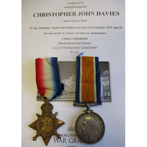 10 - WW1 range with 1914-15 Star and BWM to 80020 Gnr C.J. Davies R.F.A. Christopher John Davies was kill... 