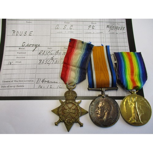 49 - 1914-15 Star trios to 1. 14608 Pte A. Rotton C. Gds very fine, swing mounted as worn. With copied MI... 