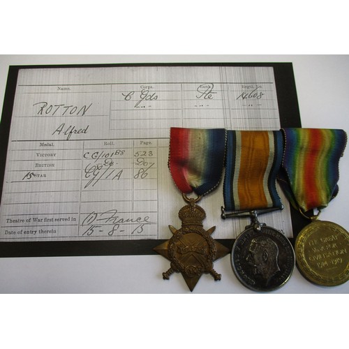 49 - 1914-15 Star trios to 1. 14608 Pte A. Rotton C. Gds very fine, swing mounted as worn. With copied MI... 