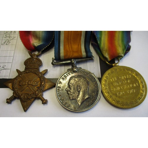 49 - 1914-15 Star trios to 1. 14608 Pte A. Rotton C. Gds very fine, swing mounted as worn. With copied MI... 