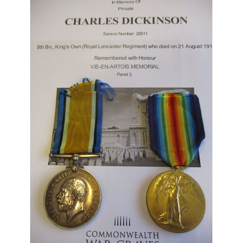 52 - WW1 BWM, Victory Medal and Memorial Plaque to 28511 Pte C. Dickinson R. Lanc R. (Charles Dickinson o... 