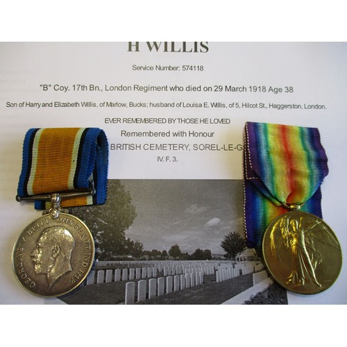 53 - WW1 BWM, Victory Medal and Memorial Plaque to 8251 Pte H. Willis 17-Lond R. (Harry Willis on plaque)... 