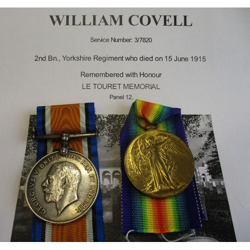 60 - Brothers WW1 BWM & Victory Medal pairs to 3-7820 Pte W. Covell York R. and 81092 Pte F. Covell Durh ... 