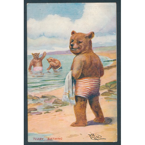 64 - Misc. coln. in modern and old album. Teddy bears, cats, dogs, ponies, birds, children, greetings, la... 