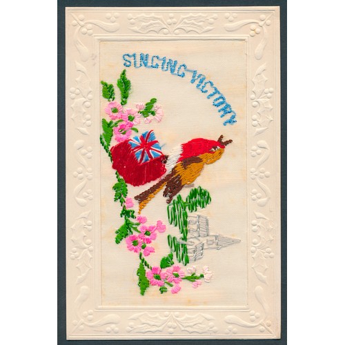 113 - Silks. Embroidered. Misc. coln. in mxd. cond. mainly greetings and patriotic. Qty. approx. 100  (T)