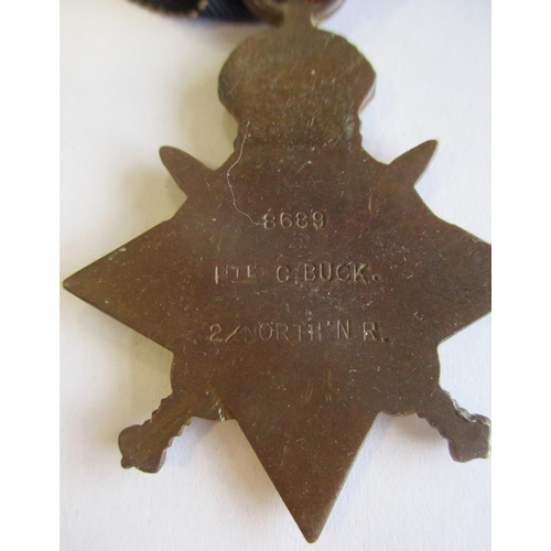 3 - Mixed collection with:
1. 1914 Star to 8689 Pte C. Buck 2/North'n R., Charles Buck died of wounds se... 