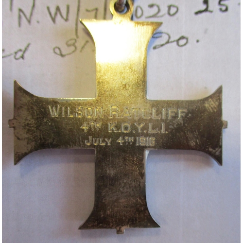 54 - Battle of the Somme Military Cross (reverse engraved Wilson Ratcliff 4th K.O.Y.L.I. July 4th 1916), ... 