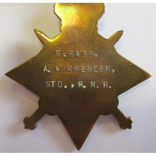 59 - Jutland casualty's 1914-15 Star trio & Memorial Plaque to 6498S A. Warrender Sto R.N.R. (S.6498 on S... 