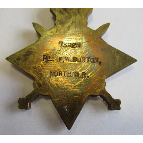 66 - 1914-15 Star trio to 13925 Pte F.W. Burton North's R.  very fine, gum residue to reverses, lightly s... 