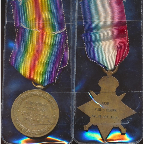 67 - 17 year old's 1914-15 Star & Victory Medal to 1308 Cpl A. Clapp 4 L.H.R. A.I.F. (1308 Pte Clapp 4/L.... 