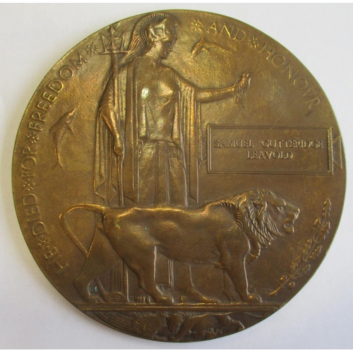 68 - WW1 BWM, Victory Medal & Memorial Plaque to 39569 Pte S.G. Leavold Bedf R. (Samuel Gutteridge Leavol... 