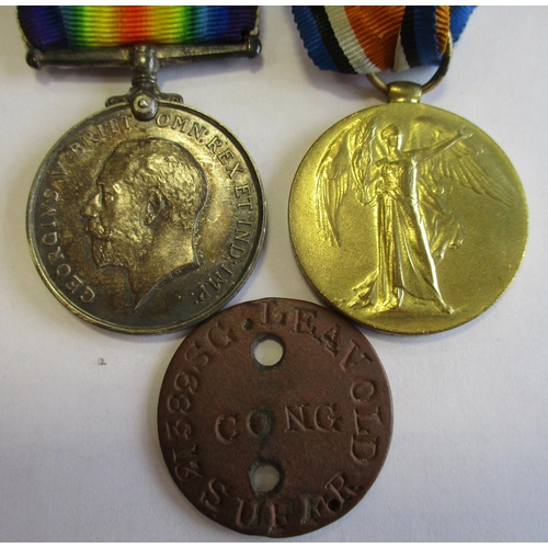 68 - WW1 BWM, Victory Medal & Memorial Plaque to 39569 Pte S.G. Leavold Bedf R. (Samuel Gutteridge Leavol... 