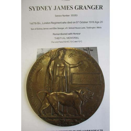 70 - WW1 Memorial Plaques to David Forrest and Sydney James Granger, Forrest extremely fine, Granger poli... 