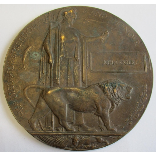 71 - WW1 Memorial Plaques to John Cole & Alfred Benjamin, nearly very fine to extremely fine, 1 with card... 