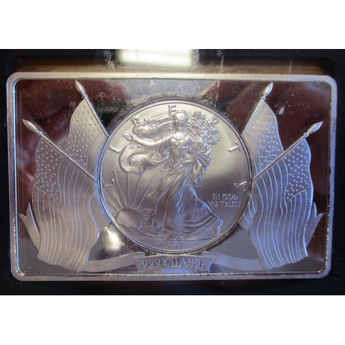 711 - U.S.A. Cased 2016 5oz Walking Liberty bullion Eagle coin bar and Morgan $1 First & last 1878 & 1921 ... 