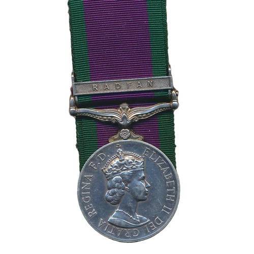 80 - 1962 GSM Radfan clasp to 23727141 Pte A. Howard Para, nearly extremely fine, court mounted as worn. ... 