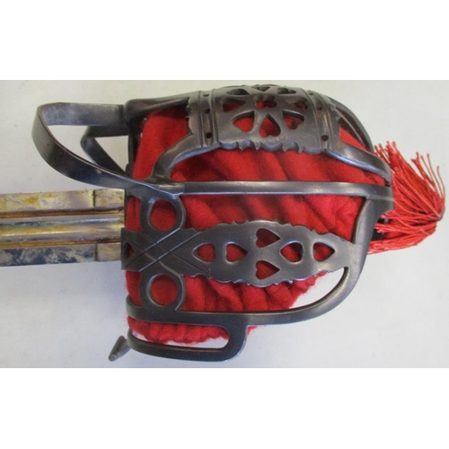 98 - 1828 Pattern Scottish broad sword and scabbard, leather and wire grip, red cloth basket lining, blad... 