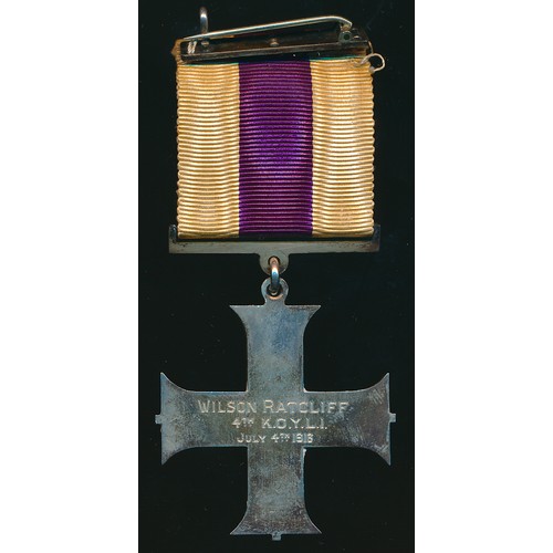 54 - Battle of the Somme Military Cross (reverse engraved Wilson Ratcliff 4th K.O.Y.L.I. July 4th 1916), ... 