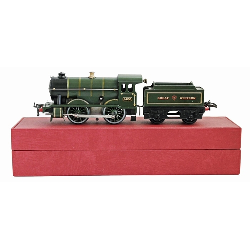 481 - Hornby. O gauge No.1 Special 4700 GWR green 0-4-0 clockwork locomotive and tender with key, good plu... 