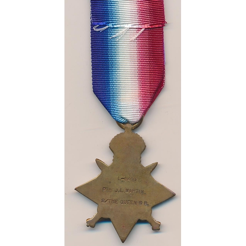 173 - 1914 Star to L-9410 Pte J.L. Martin 2/The Queen's R. very fine. John Lewis Martin was killed in acti... 