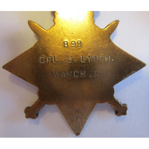 175 - 1914-15 Star trios to 1. 899 Sjt J. Lynch Manch R. (Cpl on Star) very fine. With copied MIC, landed ... 