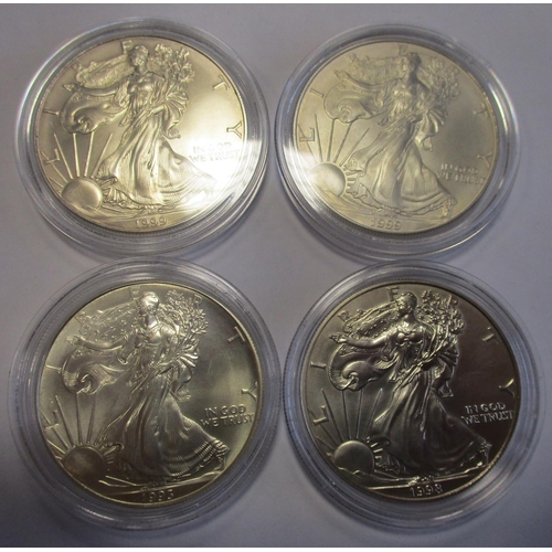 602 - U.S.A. Range with $1 Walking Liberty uncirculated 1993, 98, 99 (2), 1 oz un-dated silver medallic (2... 