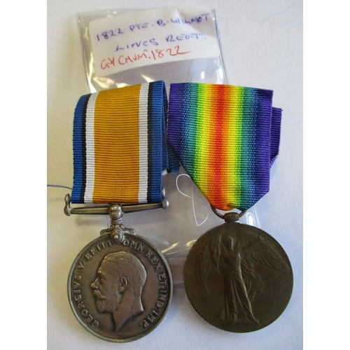 8 - Range of WW1 BWM and Victory Medal pairs to:
1. 3661 Pte J. McCrann Leins R.
2. 1822 Pte R. Wilmot L... 