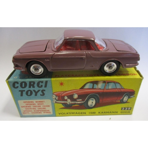 287 - Corgi. Collection including Chevrolet Fire Chief No 482, Rover 2000 No 252 blue, VW Karmann Ghia No ... 