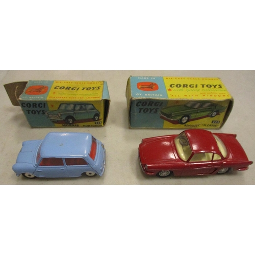 289 - Corgi. Range with Mini No 226 light blue, Renault Floride No 222 red, Jaguar 2.4 No 208S, Austin Hea... 