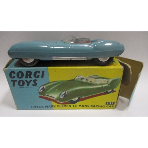 290 - Corgi. Range with MGA Sports Car No0 302 metallic green, Lotus XI Le Mans No 151 blue, Chevrolet Imp... 