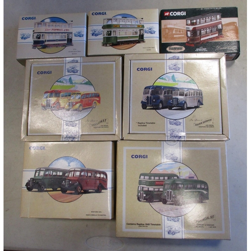 293 - Corgi. Bus, coach and tram collection including Classic Commercials with twin sets (5), Routemasters... 