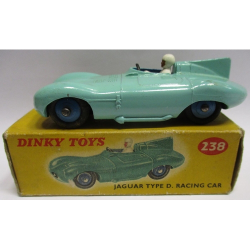 304 - Dinky. Range with Mercedes Benz Racing Car No 237 blue driver, Jaguar D Type No 238 no RN, Nash Ramb... 