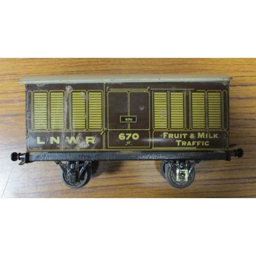 354 - Bassett-Lowke. Gauge 1 unboxed LNWR 670 dark brown Fruit and Milk Traffic wagon, good. (T)