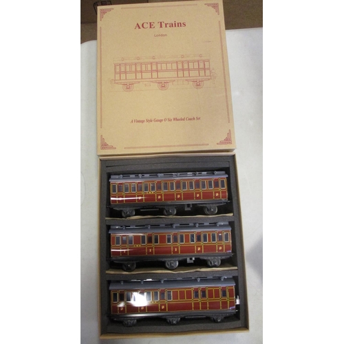 359 - ACE Trains. O Gauge range with Clemson 6 wheel triple sets CR white & plum Set No 7 and  LMS maroon ... 