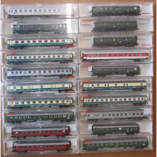 399 - Fleischmann. N gauge collection of 8 wheel coaches etc, generally mint in good to excellent boxes. Q... 