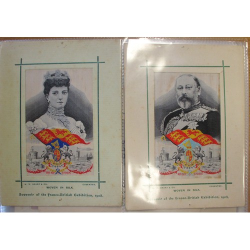 151 - Misc. coln. of woven silks together with art nouveau embossed heads cards. W.H. Grant woven Souvenir... 