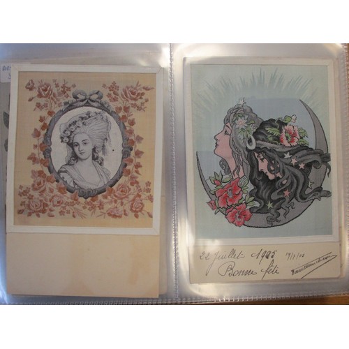 151 - Misc. coln. of woven silks together with art nouveau embossed heads cards. W.H. Grant woven Souvenir... 