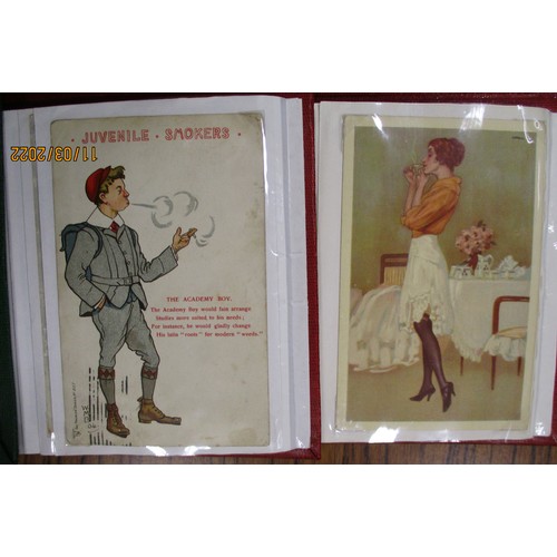 202 - Smoking/tobacco related cards in 18 flip albums. Worldwide coln. incl. tobacco growing, comic type, ... 