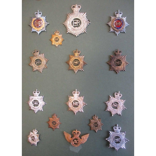 65 - ASC/RASC/RCT collection mounted on cards with buttons, cap badges including plastic war time economy... 