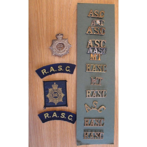 65 - ASC/RASC/RCT collection mounted on cards with buttons, cap badges including plastic war time economy... 